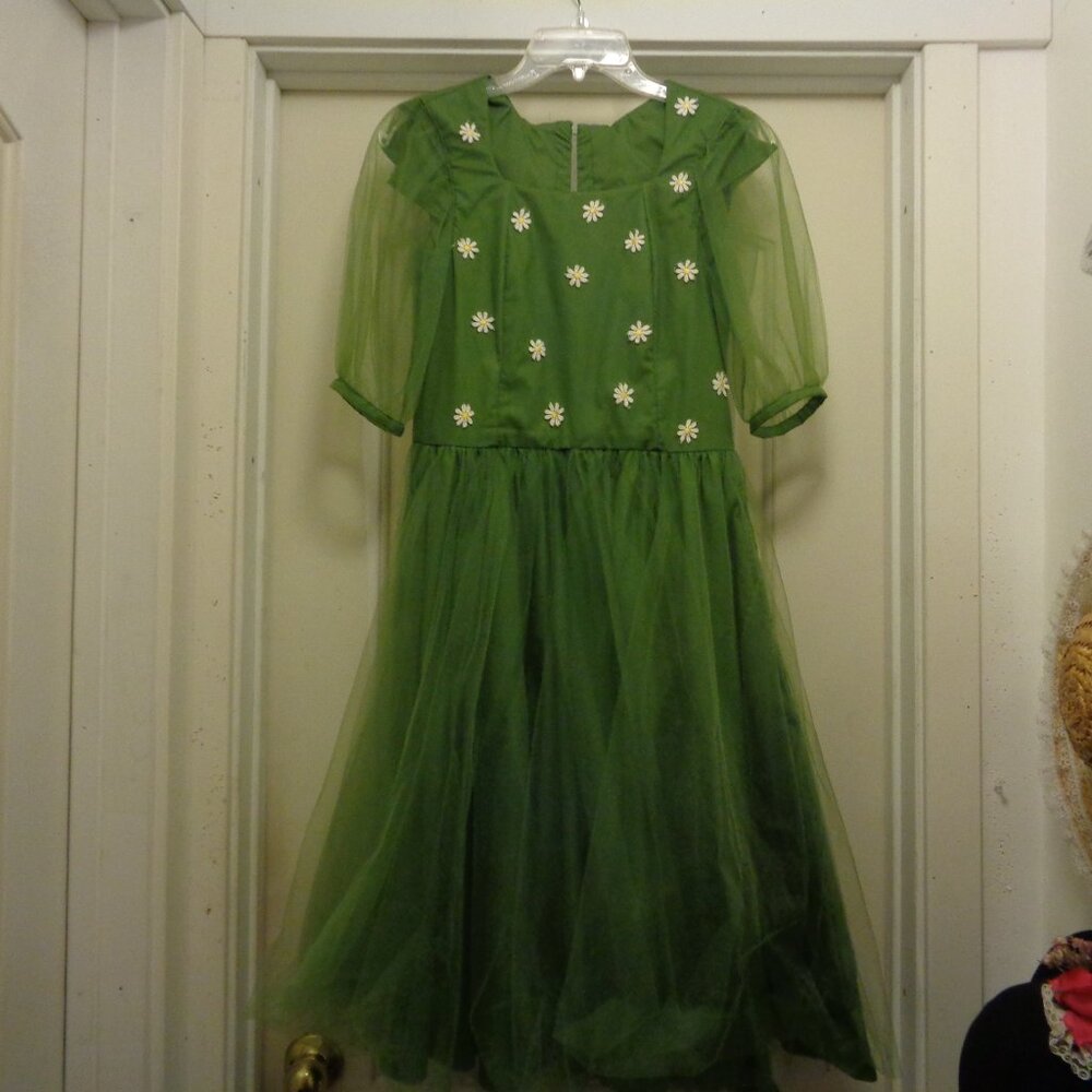 FAIRYCORE FOREST GIRL GREEN W DAISIES & TULLE COSTUME DRESS SM